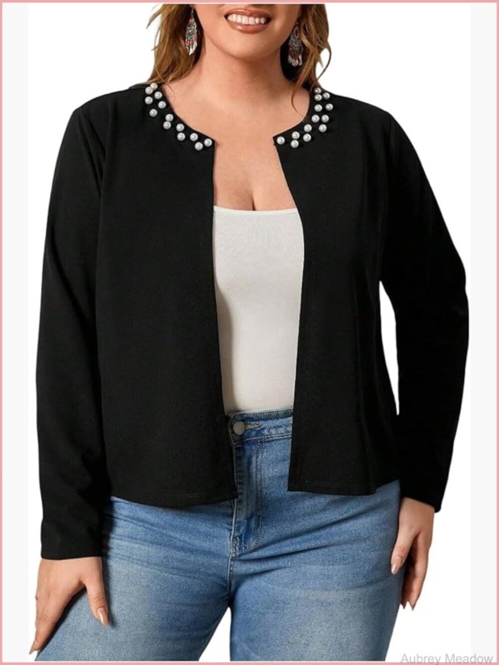 Plus Size Pearls Beaded Long Sleeve Open Front Jacket Cardigan